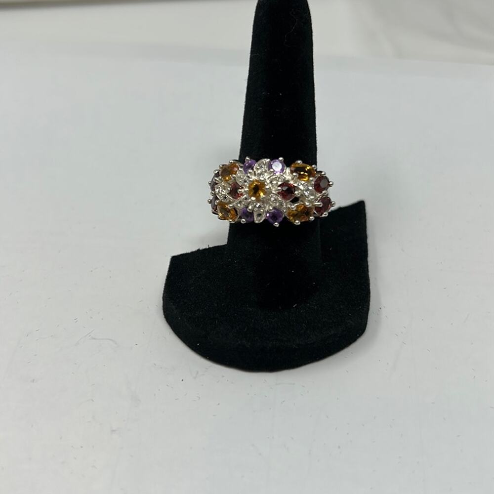 HSN Sterling Silver Women's 925 Multi Color Gemstone Flower Cluster Ring Size 7